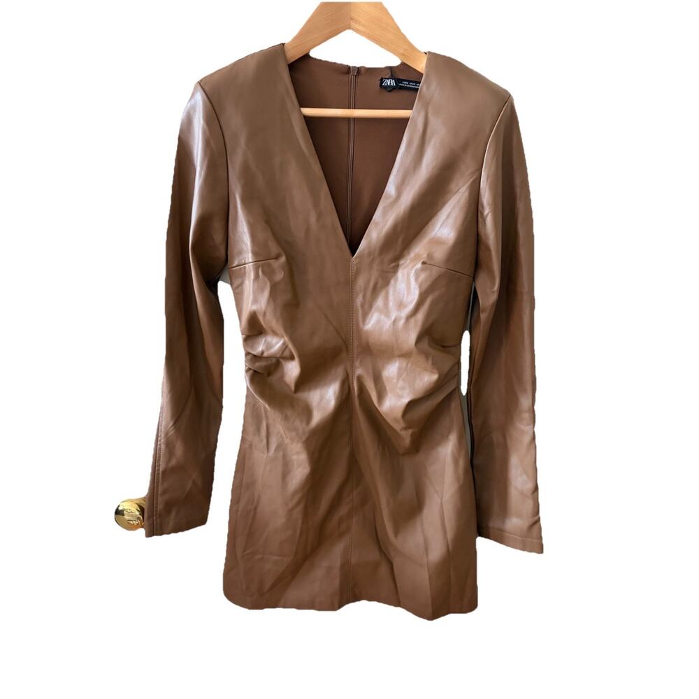 Zara Tan‎ Faux Leather V Neck Long Sleeve Mini Dress Size Small